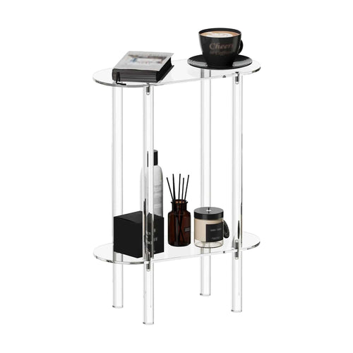 2-tier clear acrylic side table styled with a coffee cup, magazines, and bathroom accessories