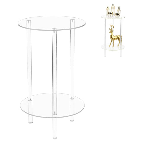 2-tier clear acrylic round side table, shown with a styling example featuring a golden deer figurine