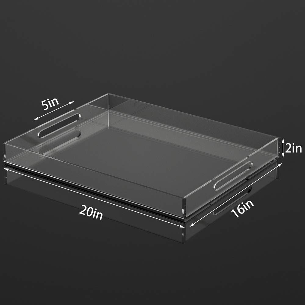 20" x 16" x 2" clear acrylic extra-large rectangular tray with 5" cutout handles, heavy-duty serving tray