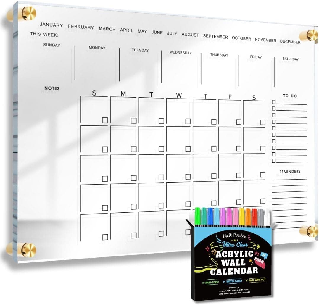 28×20 inch clear acrylic wall calendar set with gold hardware and liquid chalk markers