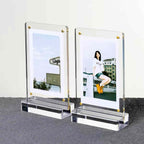 Two vertical acrylic magnetic photo frames side by side, tabletop picture holder with photo cards, clear acrylic