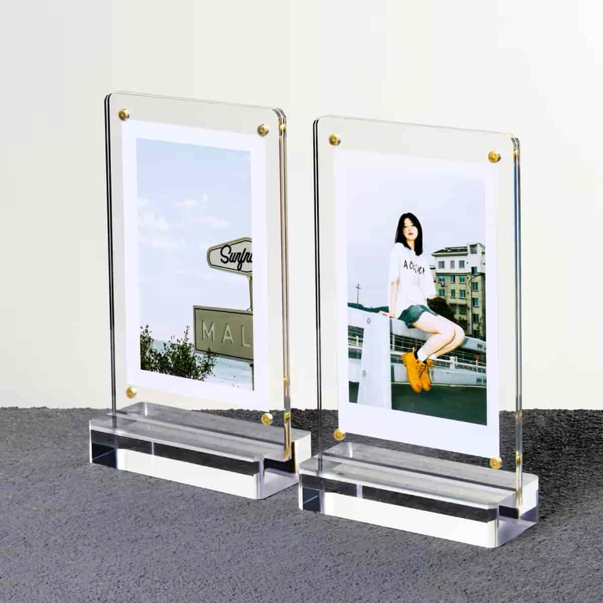 Two vertical acrylic magnetic photo frames side by side, tabletop picture holder with photo cards, clear acrylic
