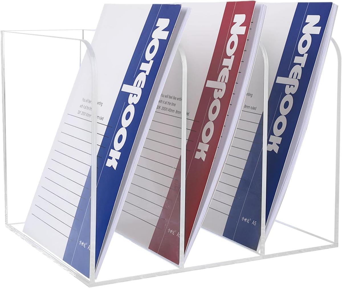 3-compartment clear acrylic organizer holding notebooks and documents for office use