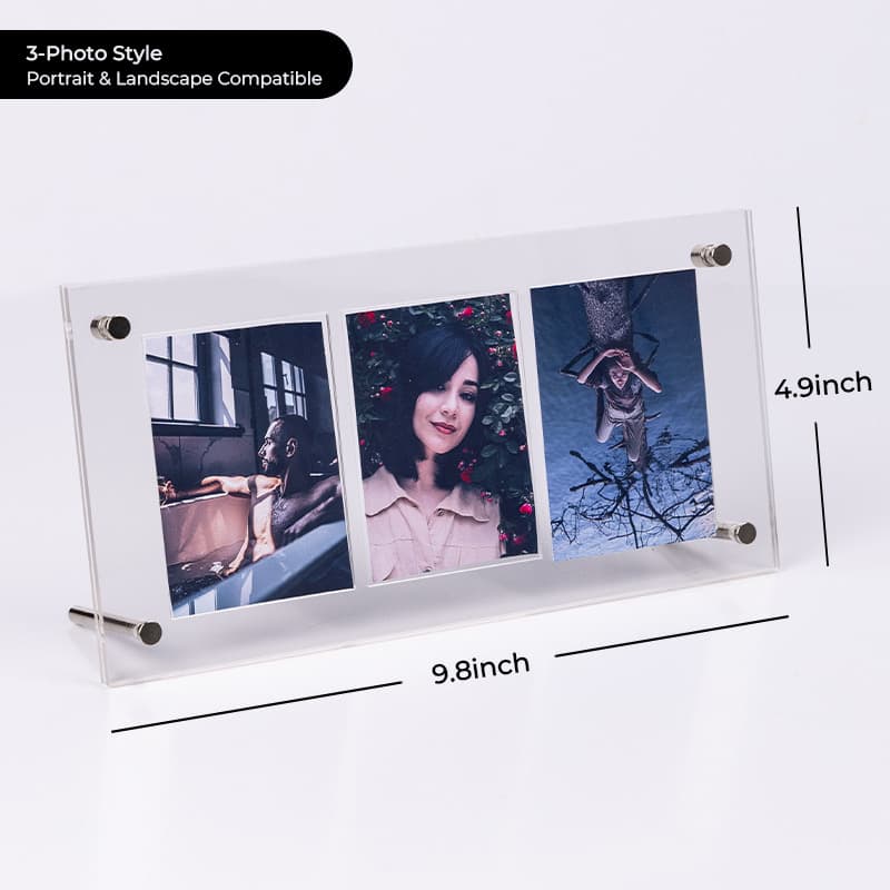 3-photo clear acrylic frame in landscape orientation, showcasing a grid of three photos (portrait, nature, and lifestyle), with dimensions 9.8×4.9in, supports both portrait and landscape display