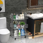 3-tier clear acrylic rolling cart organizing toiletries and plants in a bathroom