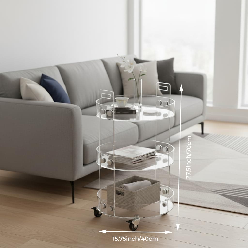 Dimension diagram of the 3-tier acrylic rolling cart: 15.75 inches (40cm) in diameter and 27.5 inches (70cm) in height
