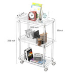 Dimension diagram of the 3-tier slim acrylic cart: 8.66" x 15.55" x 23.6"
