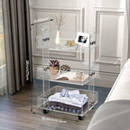 3-tier clear acrylic rolling cart with labeled dimensions: 28"×16.4"×13.4"