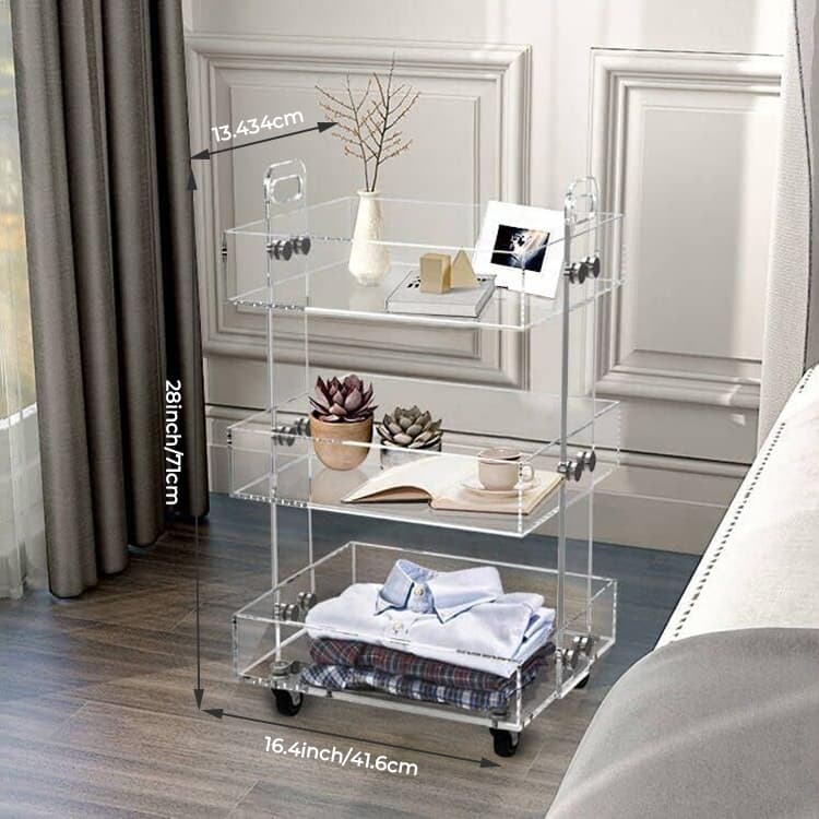 3-tier clear acrylic rolling cart with labeled dimensions: 28"×16.4"×13.4"