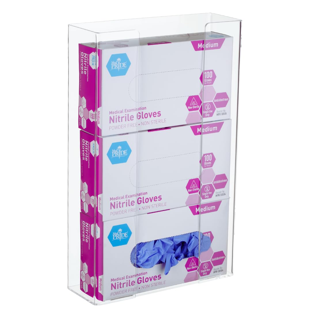 3-tier clear acrylic glove dispenser holding three boxes of nitrile exam gloves, with the bottom compartment showing a blue glove