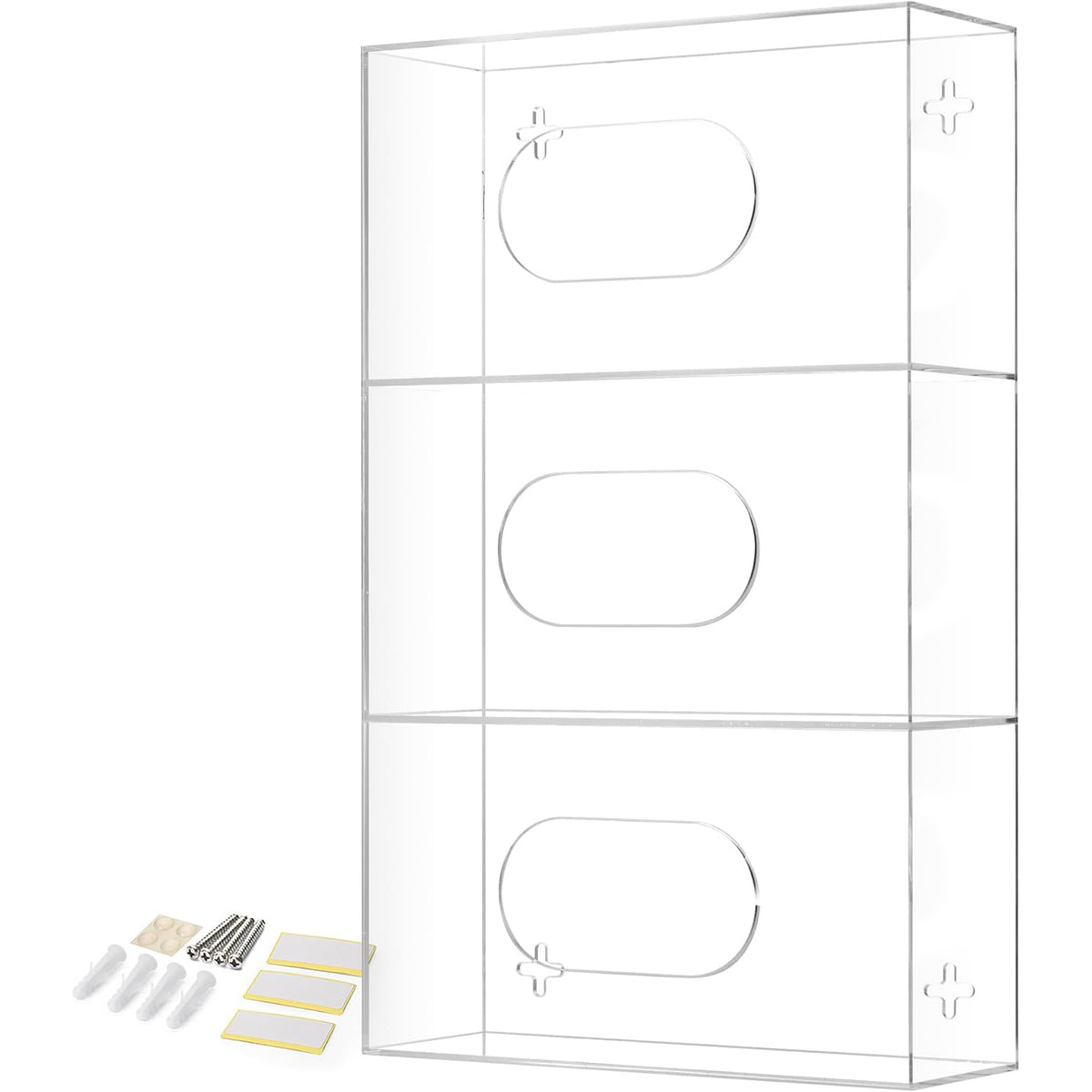 Empty 3-tier clear acrylic glove dispenser with included mounting hardware and sticker labels, highlighting vertical stackable storage