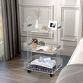 3-tier clear acrylic rolling cart used as a bedroom organizer for clothes, decor, and books