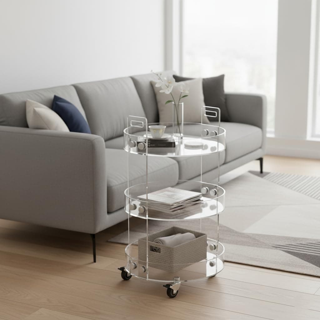 3-tier clear acrylic rolling cart styled in a bright living room, with a vase and decor on top, books on the middle shelf, and a storage basket on the bottom