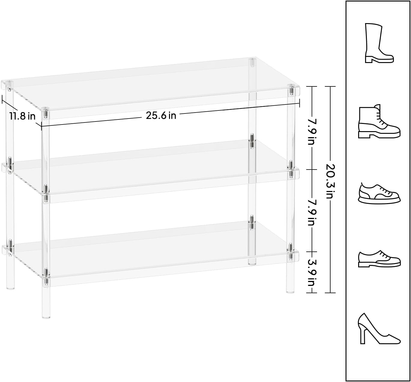 3-tier clear acrylic shoe rack with dimensions (25.6" L x 11.8" W x 20.3" H) and shoe size compatibility guide