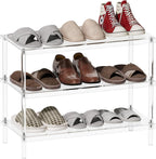 3-tier clear acrylic shoe rack holding slippers, loafers, and sneakers