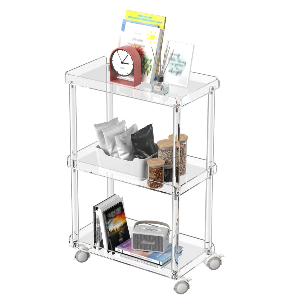 3-tier slim acrylic rolling cart styled in a living room, with a clock, decor, and snacks stored across shelves