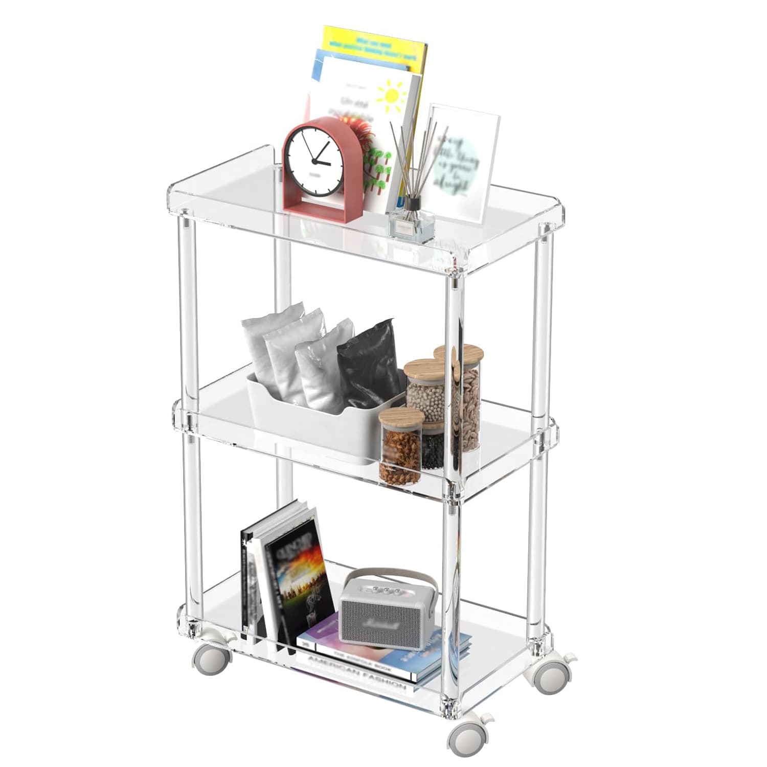 3-tier slim acrylic rolling cart styled in a living room, with a clock, decor, and snacks stored across shelves