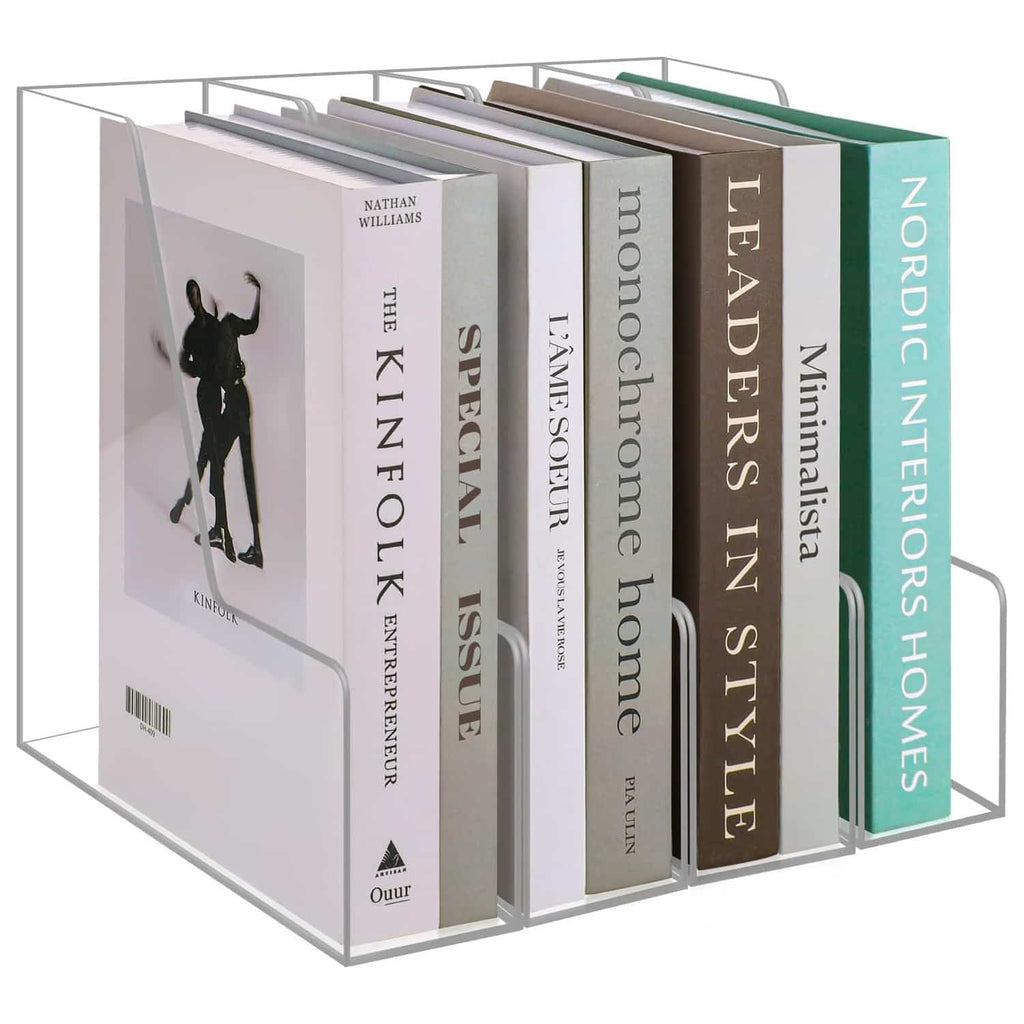 4-compartment clear acrylic book organizer holding coffee table books and magazines, showcasing a minimalist aesthetic