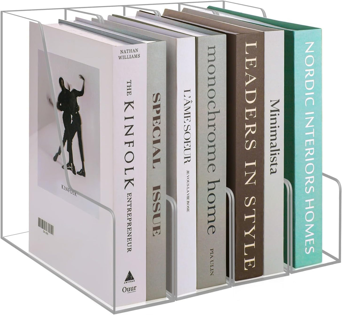 Full view of a 4-compartment clear acrylic book organizer filled with books and magazines