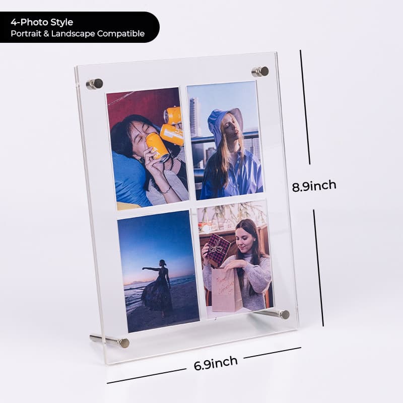 4-photo clear acrylic frame in portrait orientation, featuring a 2×2 grid of lifestyle and travel photos, with dimensions 6.9×8.9in, compatible with both portrait and landscape placement
