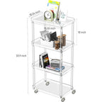 4-tier acrylic rolling cart with labeled dimensions: 33.9" H × 15.55" L × 10.24" W