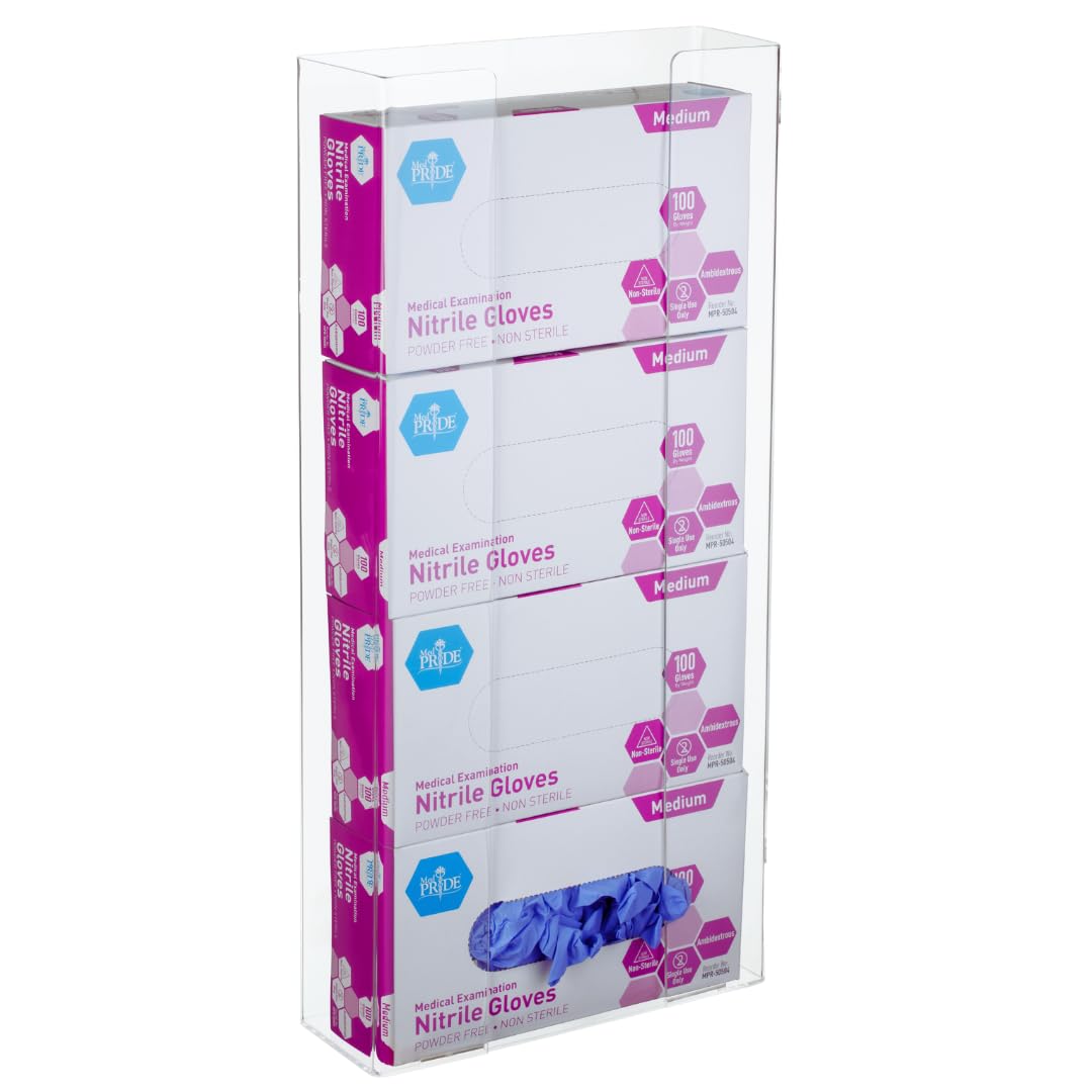 4-tier clear acrylic glove dispenser holding four boxes of nitrile exam gloves, with the bottom compartment showing a blue glove
