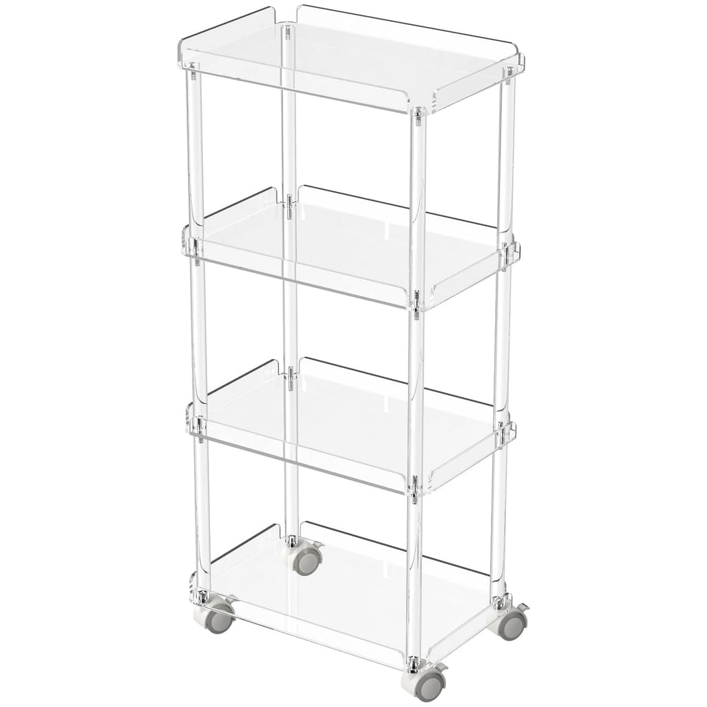 4-tier clear acrylic rolling storage cart with elevated edges and lockable wheels
