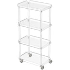 4-tier clear acrylic rolling storage cart with elevated edges and lockable wheels