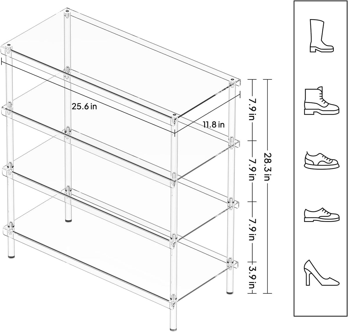 4-tier clear acrylic shoe rack with dimensions (25.6" L x 11.8" W x 28.3" H) and shoe size compatibility guide