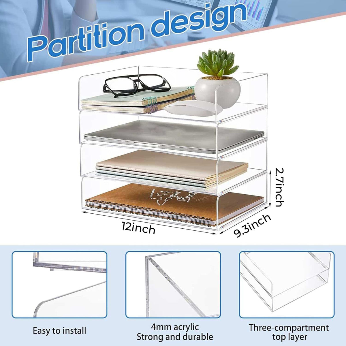 4-tier clear acrylic stackable tray with 3-compartment top layer, holding a laptop and office essentials