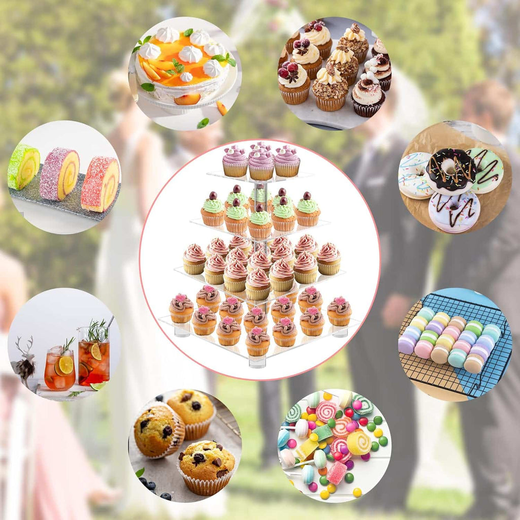 4 tier clear cupcake stand surrounded by assorted desserts including macarons and cake pops
