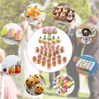 4 tier clear cupcake stand surrounded by assorted desserts including macarons and cake pops