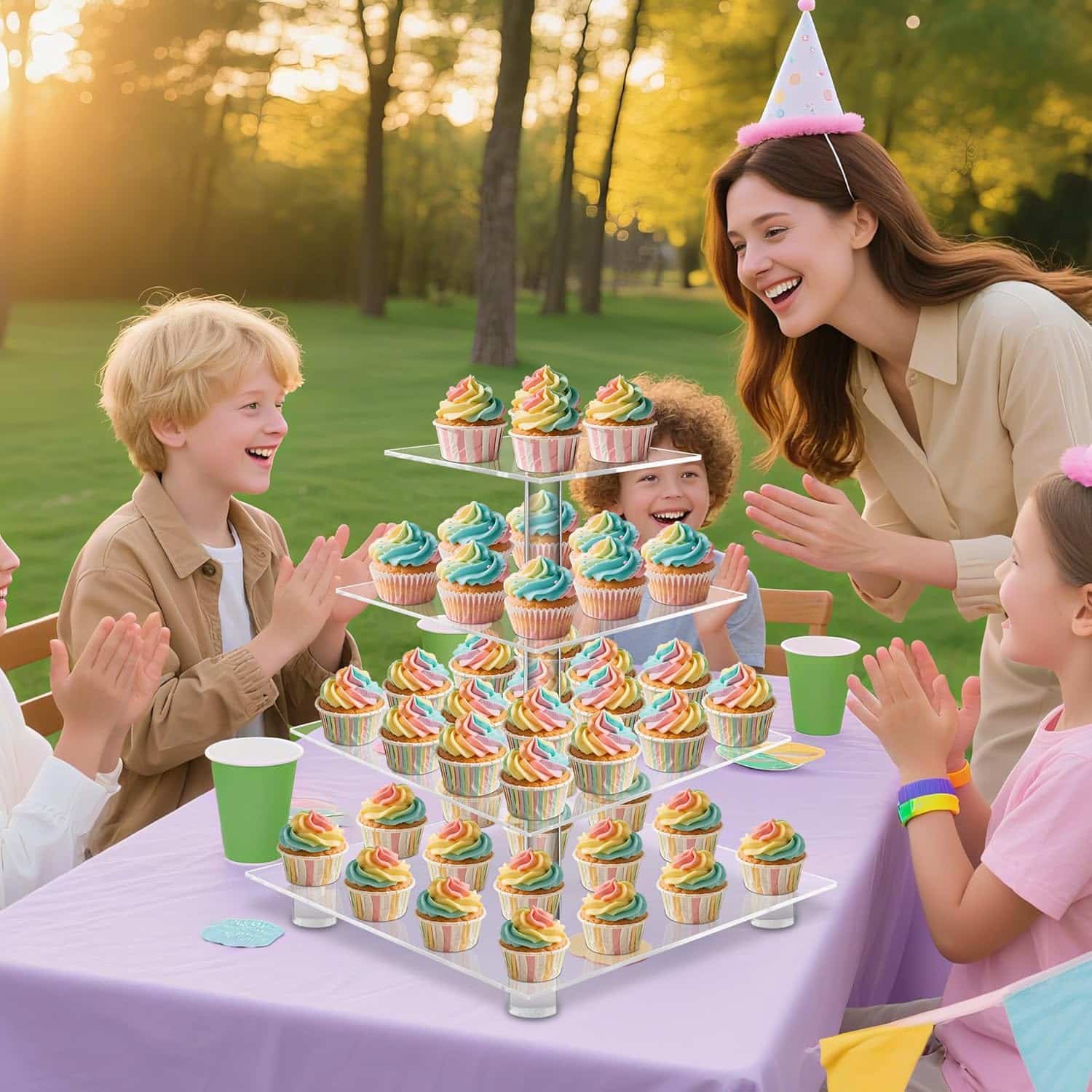 4 tier acrylic cupcake stand at an outdoor kids birthday party