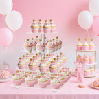4 tier acrylic cupcake stand at a pink-themed birthday party with balloons