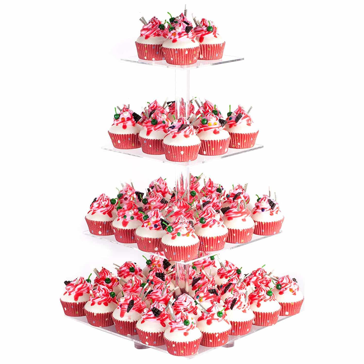 4 tier clear acrylic cupcake stand displaying red and white frosted cupcakes