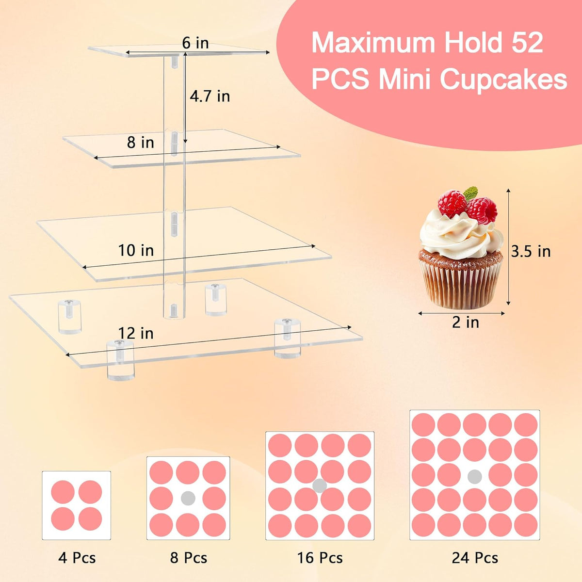 4 tier acrylic cupcake stand dimensions and capacity chart (holds up to 52 mini cupcakes)
