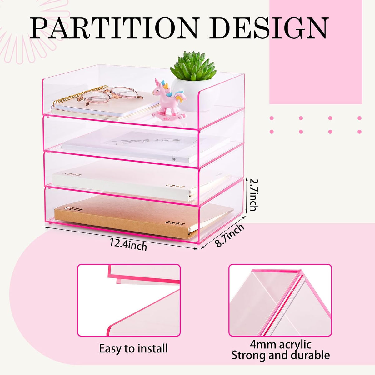 Enlarged Clear Acrylic Stackable Letter Tray - 4 Tier Desk Organizer for A4/B5 Documents, Notebooks & Office Supplies