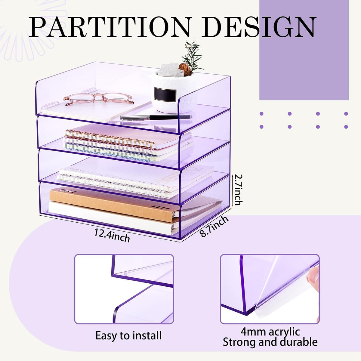 Enlarged Clear Acrylic Stackable Letter Tray - 4 Tier Desk Organizer for A4/B5 Documents, Notebooks & Office Supplies