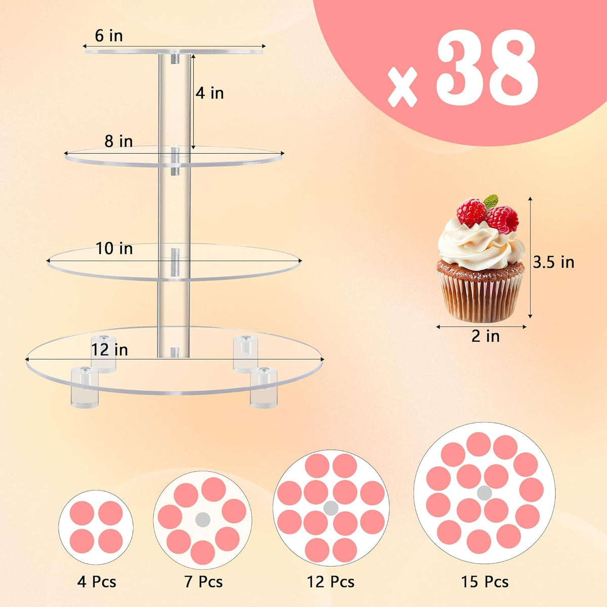 4-tier round clear acrylic cupcake stand with 4 inch tier spacing, dimensions 6/8/10/12 inches, holds up to 38 mini cupcakes