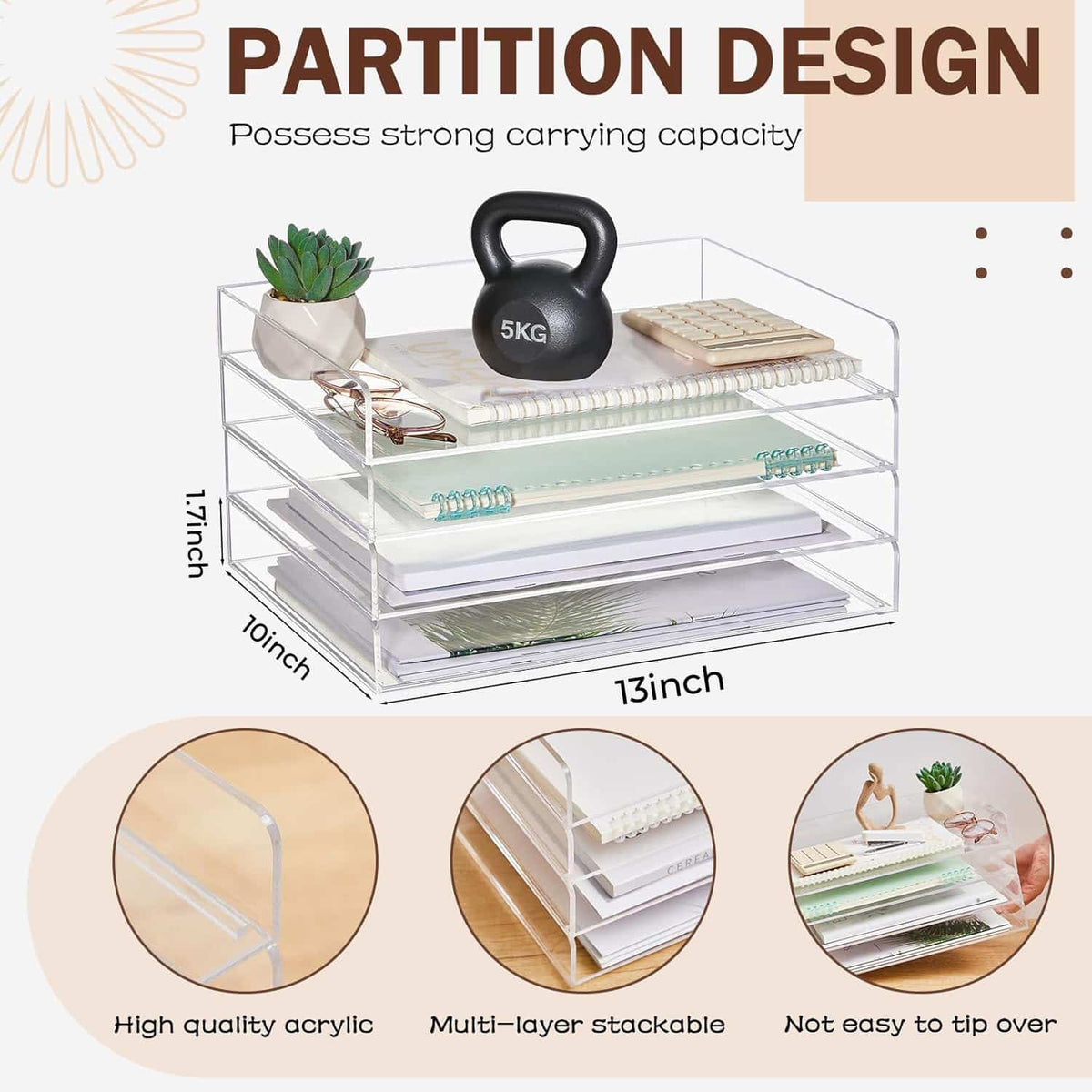 4-tier slim clear acrylic stackable organizer with partition design, storing notebooks and a succulent plant