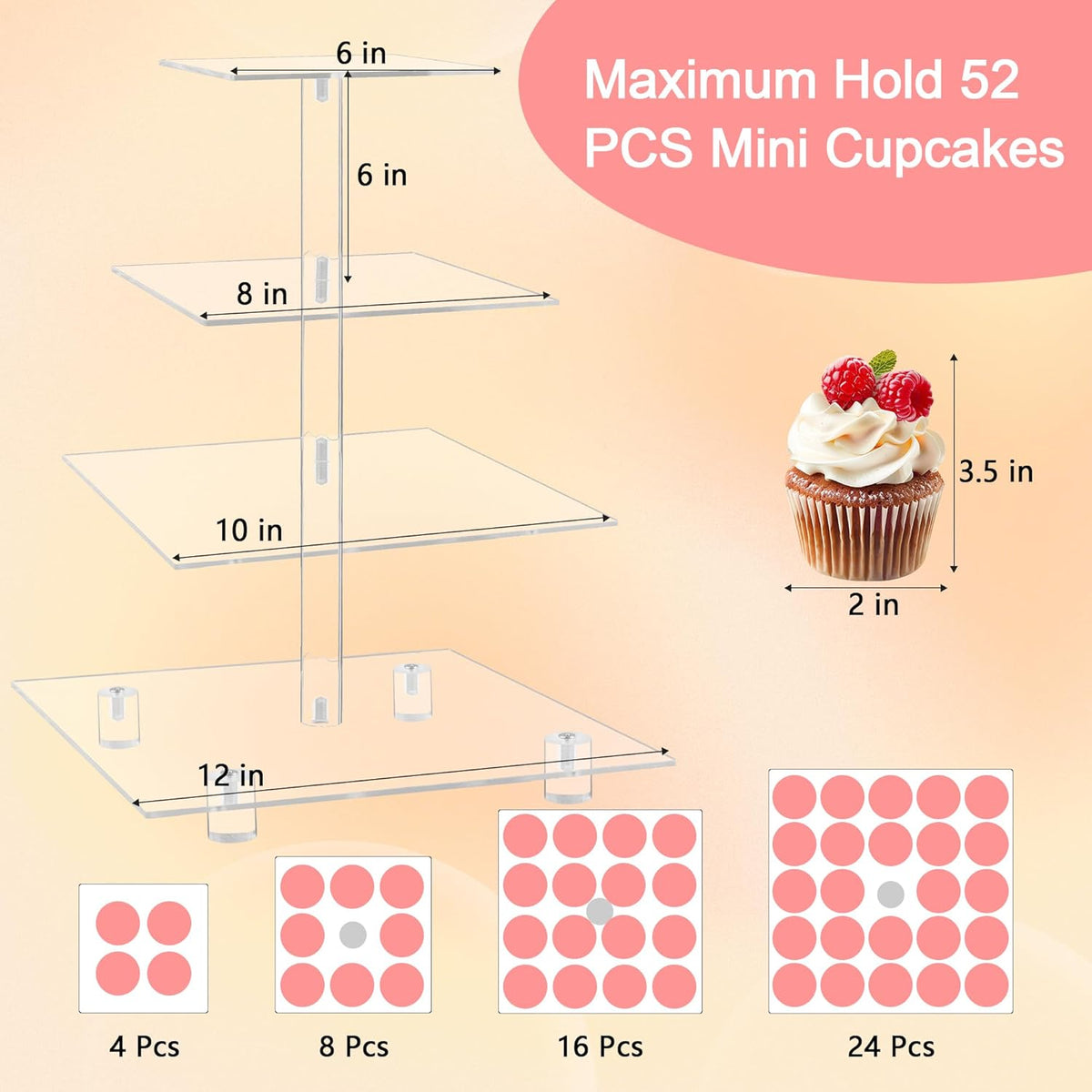 4-tier square clear acrylic cupcake stand with 6 inch tier spacing, dimensions 6/8/10/12 inches, holds up to 52 mini cupcakes
