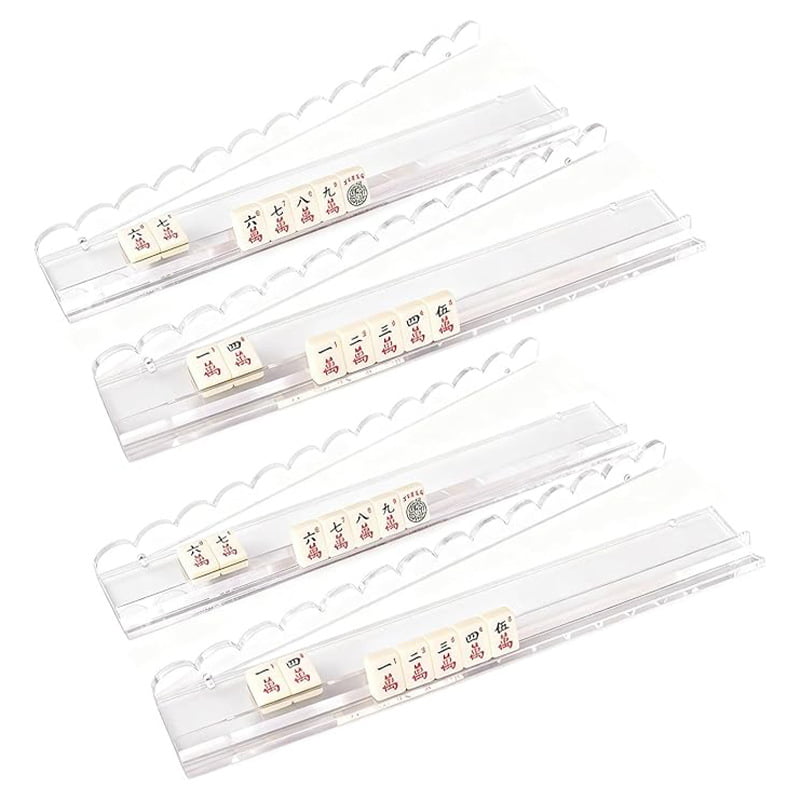 Set of 4 clear acrylic mahjong racks with magnetic pushers, displayed with mahjong tiles for demonstration