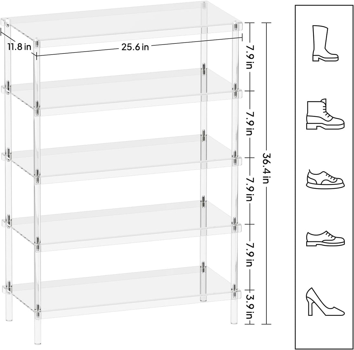 5-tier clear acrylic shoe rack with dimensions (25.6" L x 11.8" W x 36.4" H) and shoe size compatibility guide