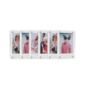 Six clear acrylic magnetic photo frames arranged at an angle, holding instant photos of weddings and children, highlighting the transparent and slim design