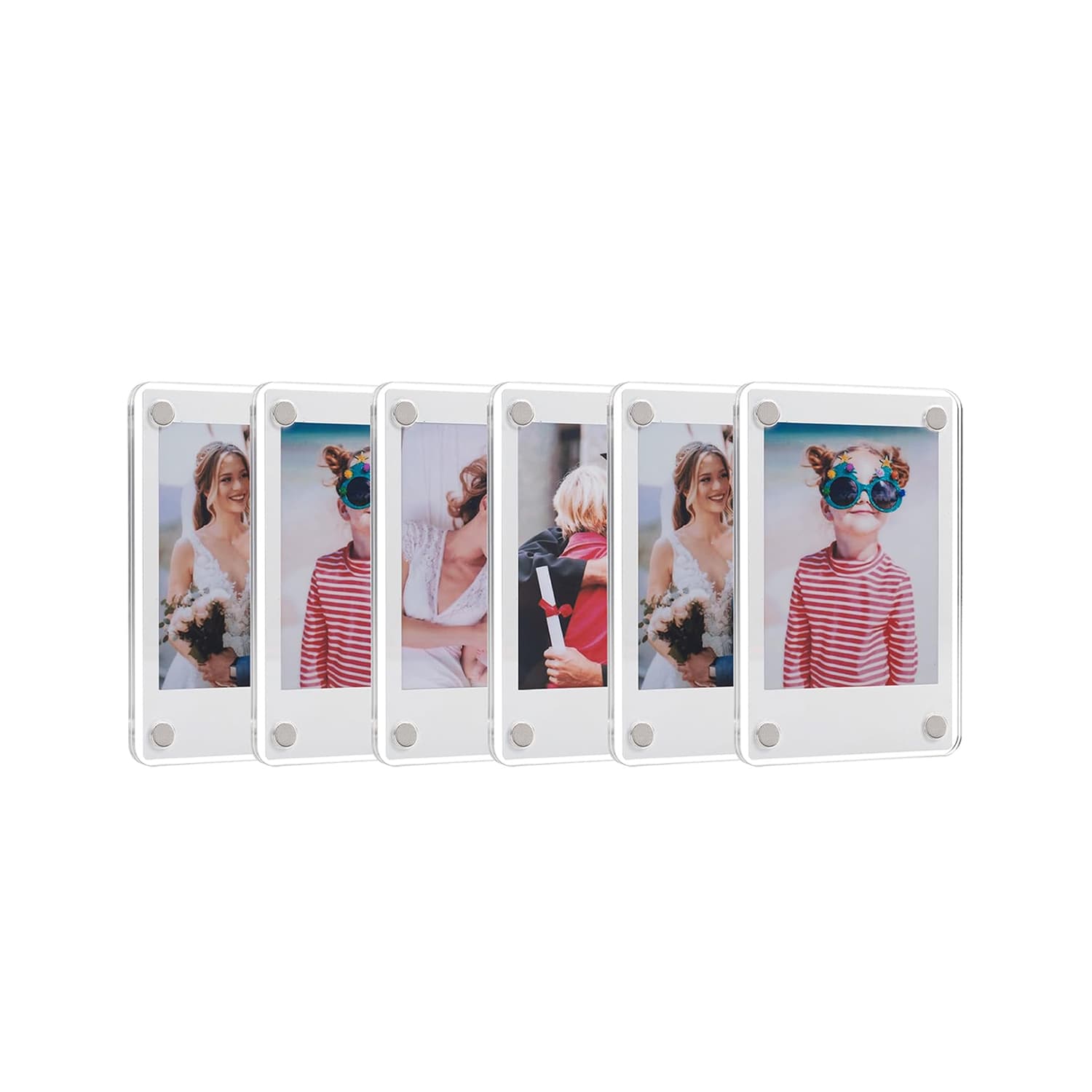 Six clear acrylic magnetic photo frames arranged at an angle, holding instant photos of weddings and children, highlighting the transparent and slim design