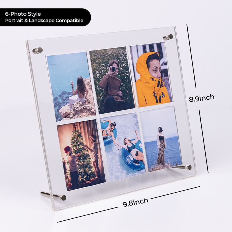 6-photo clear acrylic frame in landscape orientation, displaying a 2×3 grid of vacation and holiday photos, with dimensions 9.8×8.9in, supports both portrait and landscape display