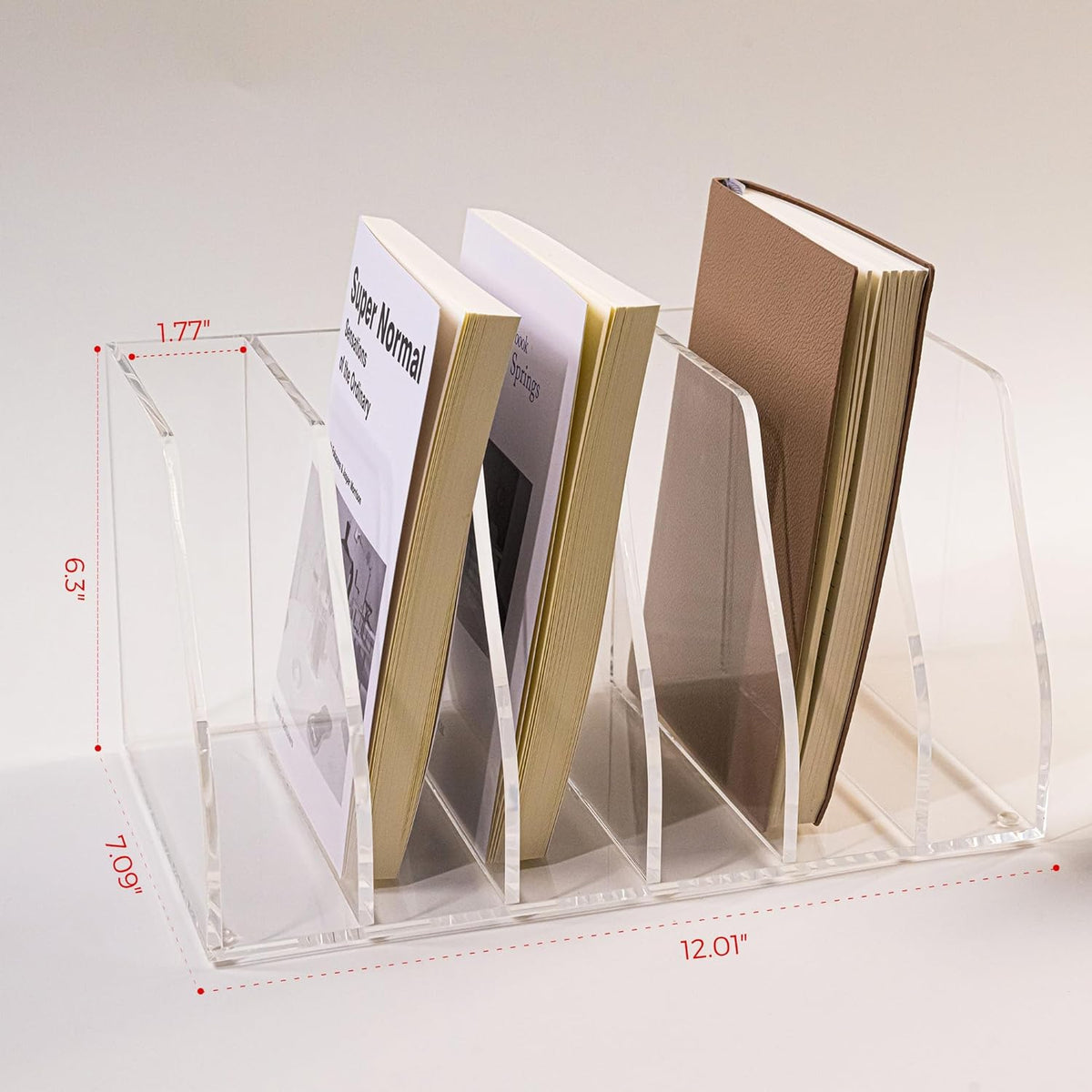 6-slot transparent acrylic book organizer displaying minimalist books, desk storage solution