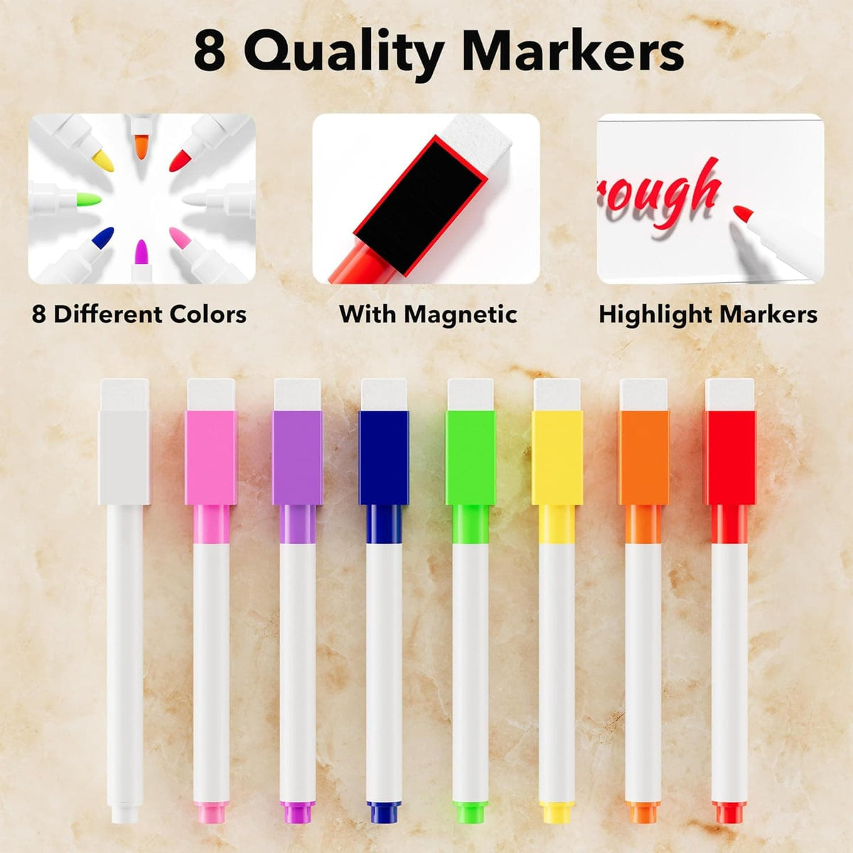 Set of 8 high-quality magnetic dry erase markers in different colors, each with an eraser cap