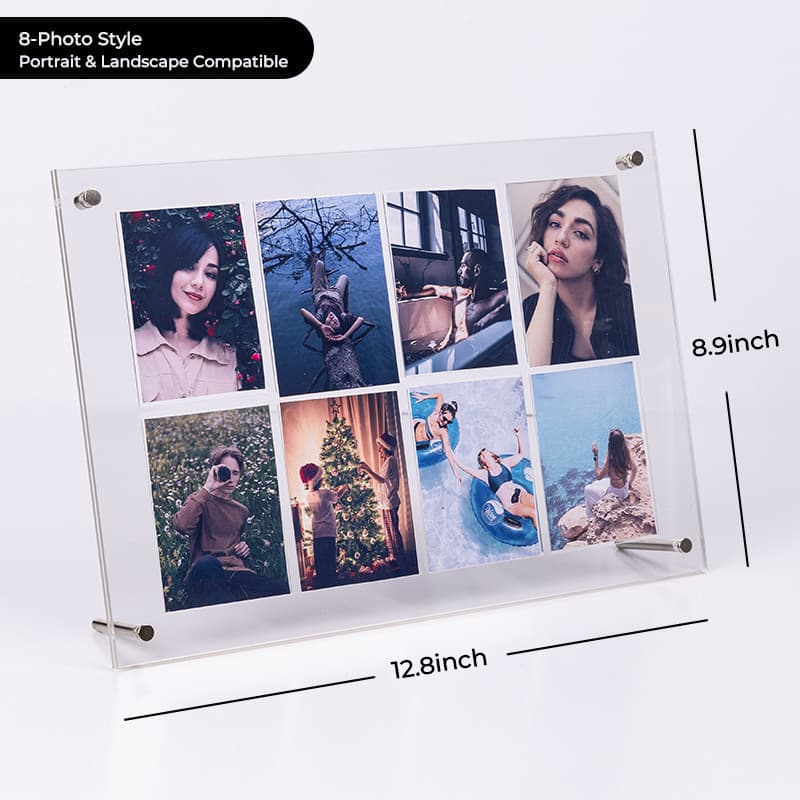 8-photo clear acrylic frame in landscape orientation, featuring a 2×4 grid of portrait and travel photos, with dimensions 32.5×22.5cm, compatible with both portrait and landscape placement