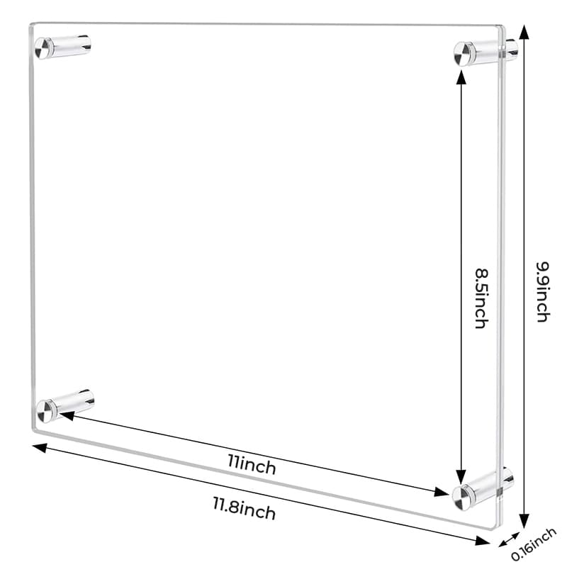 8.5x11 inch inner size acrylic photo frame - outer dimensions 11.8x9.9 inch, 0.16 inch acrylic thickness, minimalist metal fasteners design